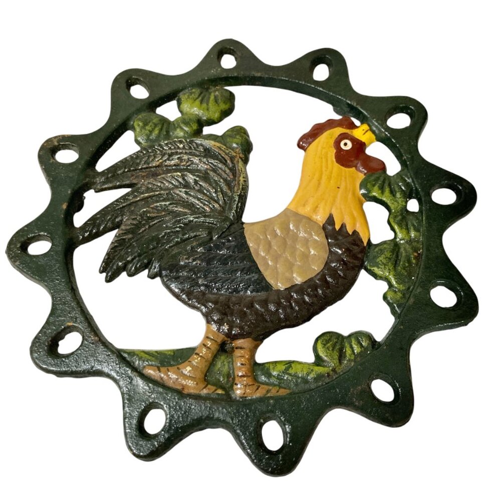Vintage Cast Iron Rooster Trivet Pot Holder Hand Painted Country Cottage Core